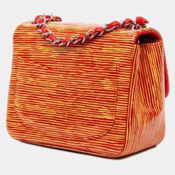 Pre Owned Chanel Orange Mini Square Classic Patent Striped Single Flap Bag