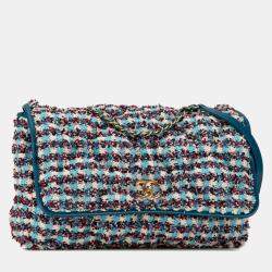 Pre Owned Chanel Blue Maxi Tweed Chesterfield Single Flap