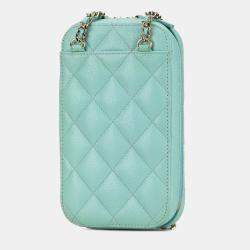 Pre Owned Chanel Green CC Quilted Caviar Zip Phone Case