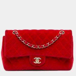 Pre Owned Chanel Red Medium Classic Velvet Double Flap