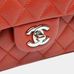 Pre Owned Chanel Orange Medium Classic Caviar Double Flap