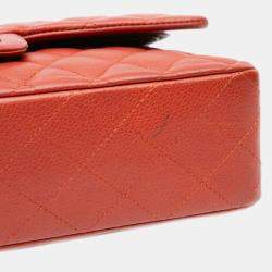 Pre Owned Chanel Orange Medium Classic Caviar Double Flap