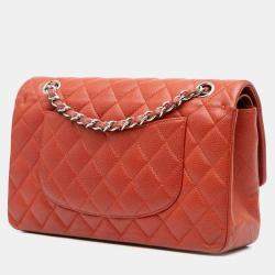 Pre Owned Chanel Orange Medium Classic Caviar Double Flap