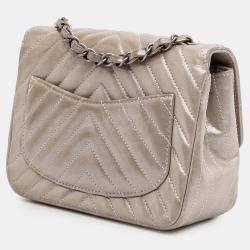 Pre Owned Chanel Brown Mini Square Classic Chevron Iridescent Lambskin Single Flap Bag