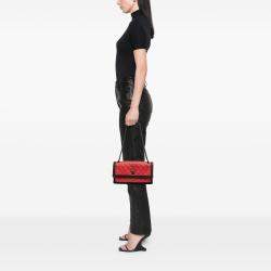 Pre Owned Chanel Black Red Medium Quilted Lambskin Grosgrain Two Tone Flap