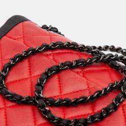 Pre Owned Chanel Black Red Medium Quilted Lambskin Grosgrain Two Tone Flap