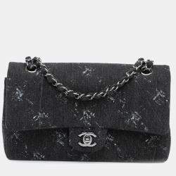 Pre Owned Chanel Black Medium Denim Double Flap