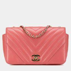 Pre Owned Chanel Pink Mini Chevron Calfskin Statement Flap