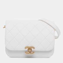 Pre Owned Chanel White CC Quilted Leather Flap Crossbody