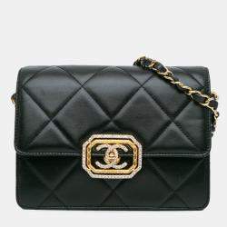 Pre Owned Chanel Black Quilted Lambskin Octagonal Buckle Crossbody