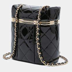 Pre Owned Chanel Black Quilted Patent Logo Chain Vanity Case