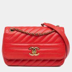 Pre Owned Chanel Red Small Diagonal Quilted Goatskin Flap