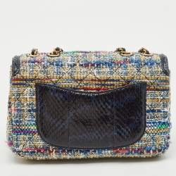 Pre Owned Chanel Multicolor Quilted Tweed and Water Snake Small CC Filigree Flap Bag