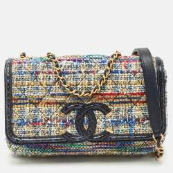 Pre Owned Chanel Multicolor Quilted Tweed and Water Snake Small CC Filigree Flap Bag