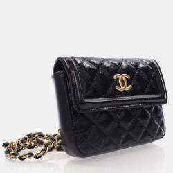 Pre Owned Chanel Mini Black Shiny Calfskin Waist Belt Bag