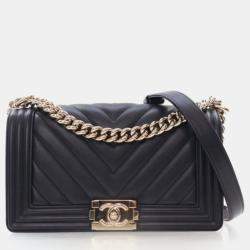 Pre Owned Chanel Boy Medium Black Calfskin Chevron Flap Bag
