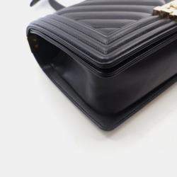 Pre Owned Chanel Boy Medium Black Calfskin Chevron Flap Bag