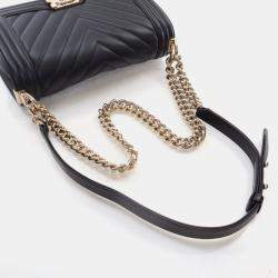 Pre Owned Chanel Boy Medium Black Calfskin Chevron Flap Bag