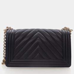 Pre Owned Chanel Boy Medium Black Calfskin Chevron Flap Bag