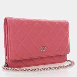 Pre Owned Chanel Pink Lambskin Wallet On Chain