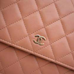 Pre Owned Chanel Square Beige Pink Lambskin Wallet On Chain 