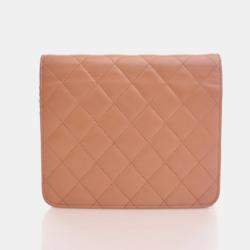 Pre Owned Chanel Square Beige Pink Lambskin Wallet On Chain 