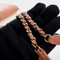 Pre Owned Chanel Square Beige Pink Lambskin Wallet On Chain 