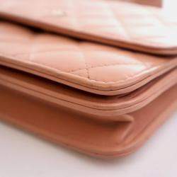 Pre Owned Chanel Square Beige Pink Lambskin Wallet On Chain 
