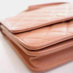 Pre Owned Chanel Square Beige Pink Lambskin Wallet On Chain 