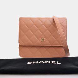 Pre Owned Chanel Square Beige Pink Lambskin Wallet On Chain 