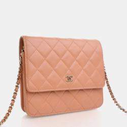 Pre Owned Chanel Square Beige Pink Lambskin Wallet On Chain 