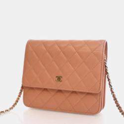 Pre Owned Chanel Square Beige Pink Lambskin Wallet On Chain 