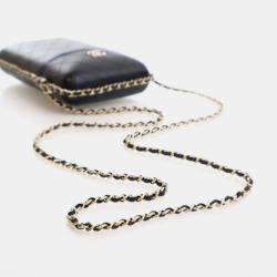 Pre Owned Chanel Phone Holder Black Lambskin Chain Around Shoulder Bag