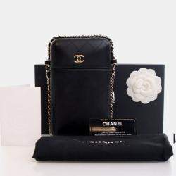 Pre Owned Chanel Phone Holder Black Lambskin Chain Around Shoulder Bag