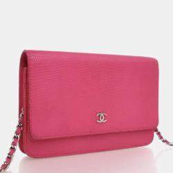 Pre Owned Chanel Mini Pink Lizard Embossed Calfskin Wallet On Chain 