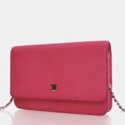Pre Owned Chanel Mini Pink Lizard Embossed Calfskin Wallet On Chain 
