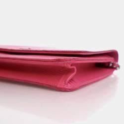 Pre Owned Chanel Mini Pink Lizard Embossed Calfskin Wallet On Chain 