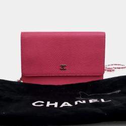 Pre Owned Chanel Mini Pink Lizard Embossed Calfskin Wallet On Chain 