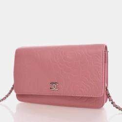 Pre Owned Chanel Camellia Pink Lambskin Wallet On Chain 