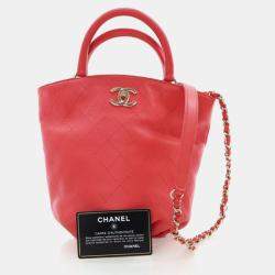 Pre Owned Chanel Bucket Small Red Calfskin CC Lock Tote Bag