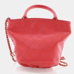 Pre Owned Chanel Bucket Small Red Calfskin CC Lock Tote Bag