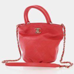 Pre Owned Chanel Bucket Small Red Calfskin CC Lock Tote Bag