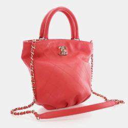 Pre Owned Chanel Bucket Small Red Calfskin CC Lock Tote Bag