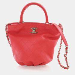 Pre Owned Chanel Bucket Small Red Calfskin CC Lock Tote Bag