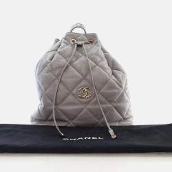 Pre Owned Chanel Drawstring Grey Calfskin Bucket Backpack