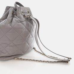 Pre Owned Chanel Drawstring Grey Calfskin Bucket Backpack