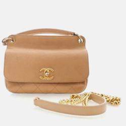 Pre Owned Chanel CC Lock Mini Beige Caviar Top Handle Flap Bag