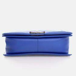 Pre Owned Chanel Chevron Medium Blue Calfskin Boy Flap Bag