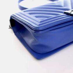 Pre Owned Chanel Chevron Medium Blue Calfskin Boy Flap Bag