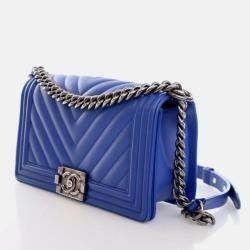 Pre Owned Chanel Chevron Medium Blue Calfskin Boy Flap Bag